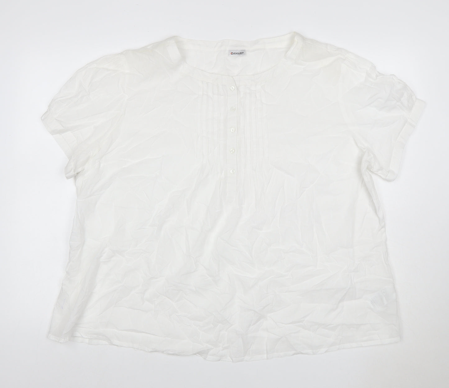 Damart Women White UK 18 Cotton Pleated Button Blouse Short Sleeve