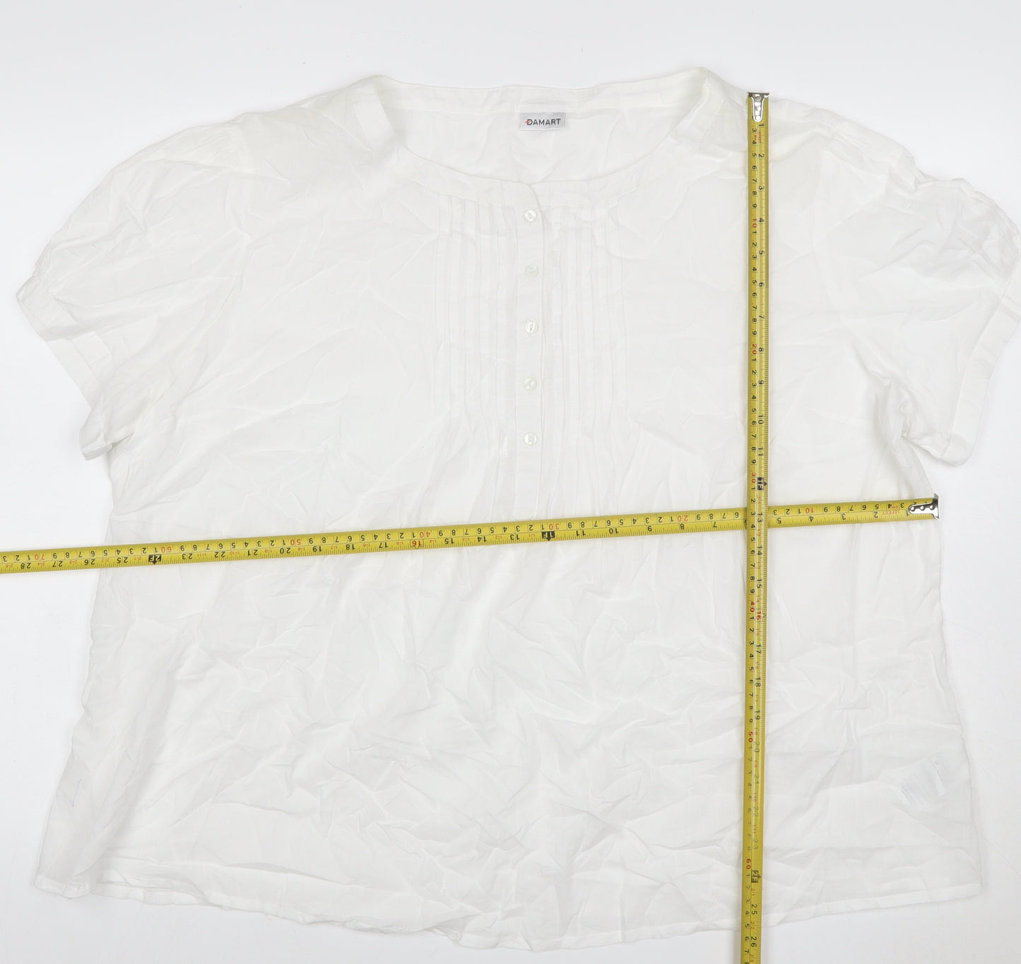 Damart Women White UK 18 Cotton Pleated Button Blouse Short Sleeve