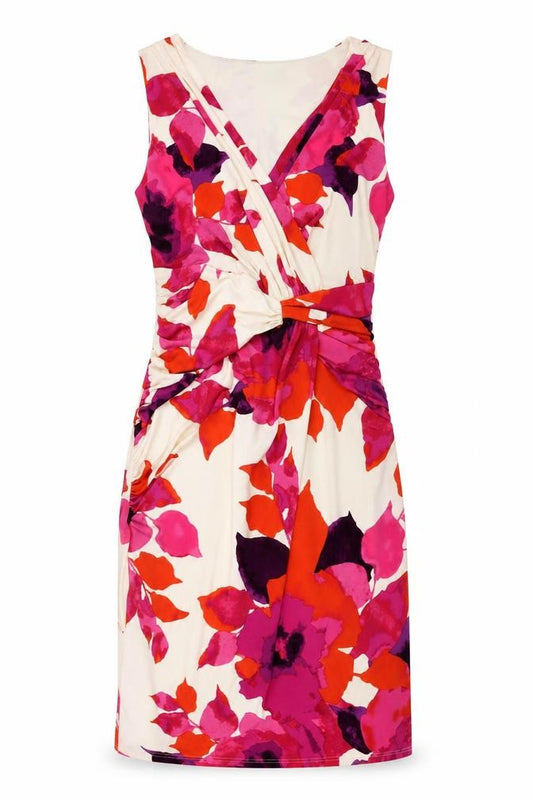 Front view of Kaliko Women Ivory Pink Floral Ruched Sheath Dress UK 8