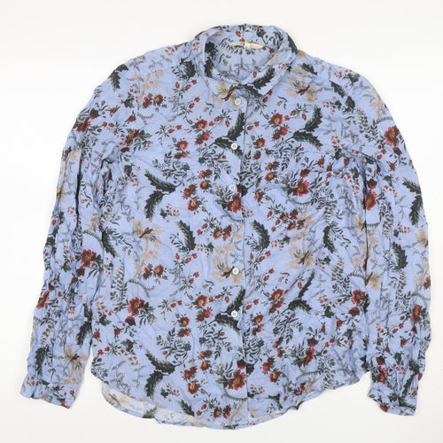 Next Women Blue UK 12 Floral Modal Button-Up Long Sleeve Shirt