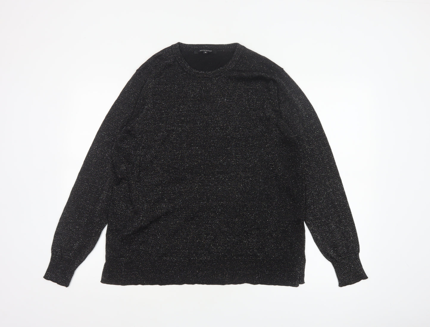 Peacocks Women Black Glitter Knit Jumper UK 16 Crew Neck Balloon Sleeve