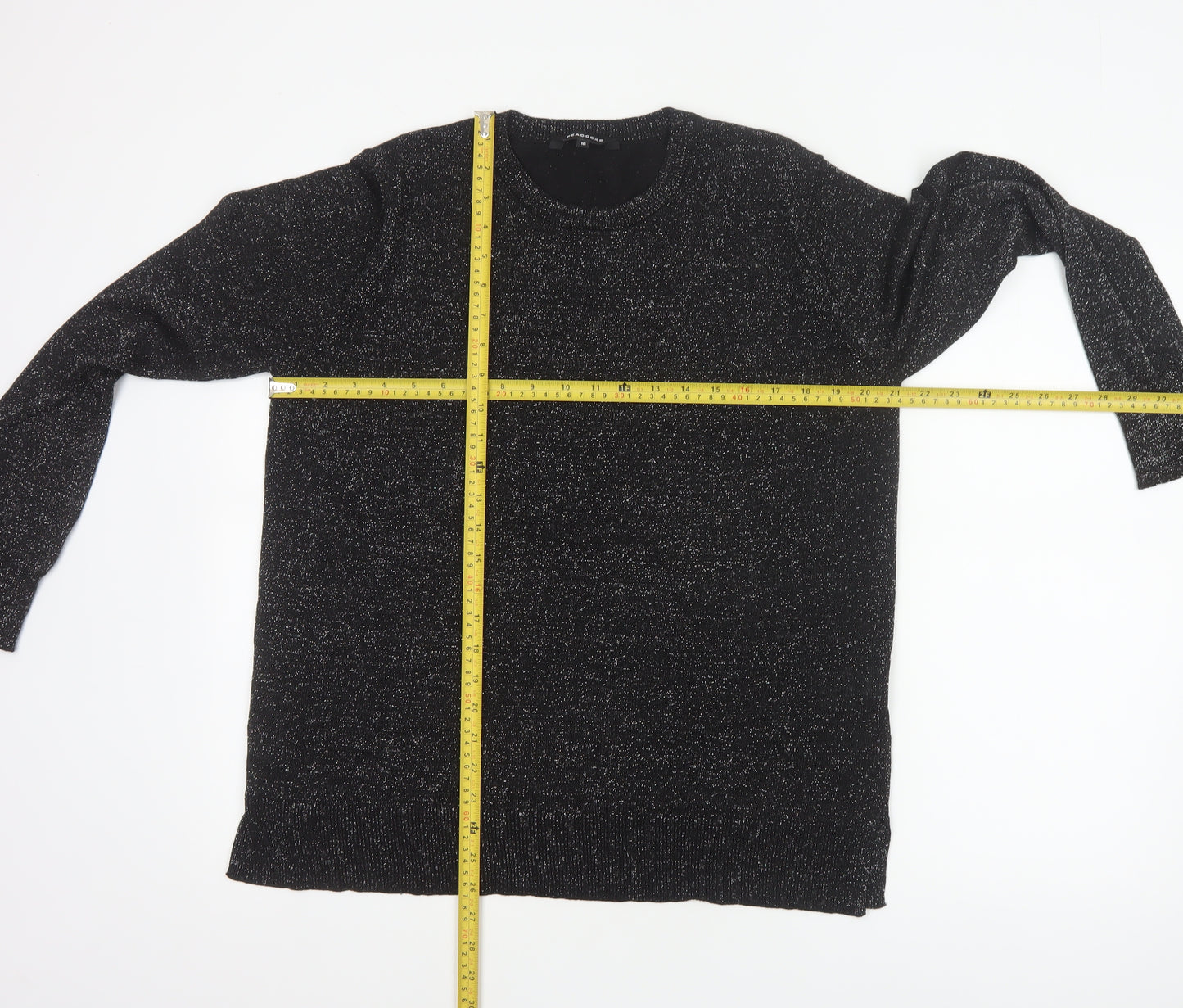 Peacocks Women Black Glitter Knit Jumper UK 16 Crew Neck Balloon Sleeve