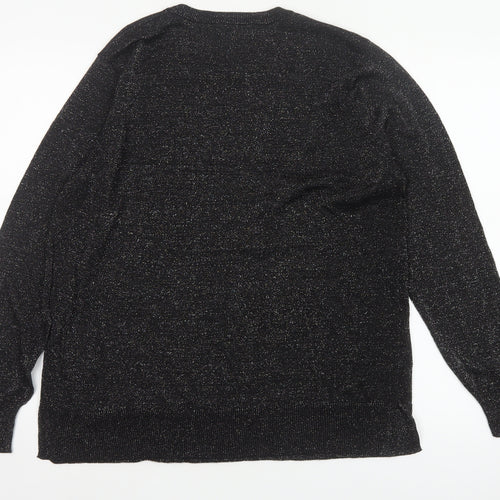 Peacocks Women Black Glitter Knit Jumper UK 16 Crew Neck Balloon Sleeve