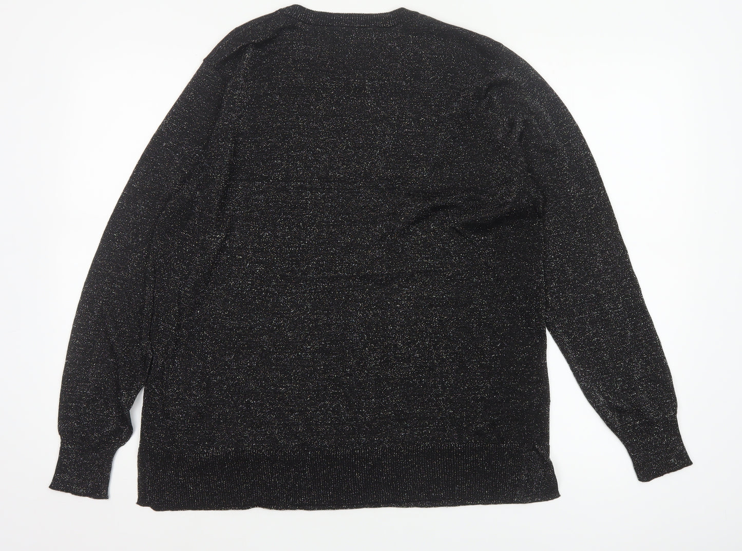 Peacocks Women Black Glitter Knit Jumper UK 16 Crew Neck Balloon Sleeve