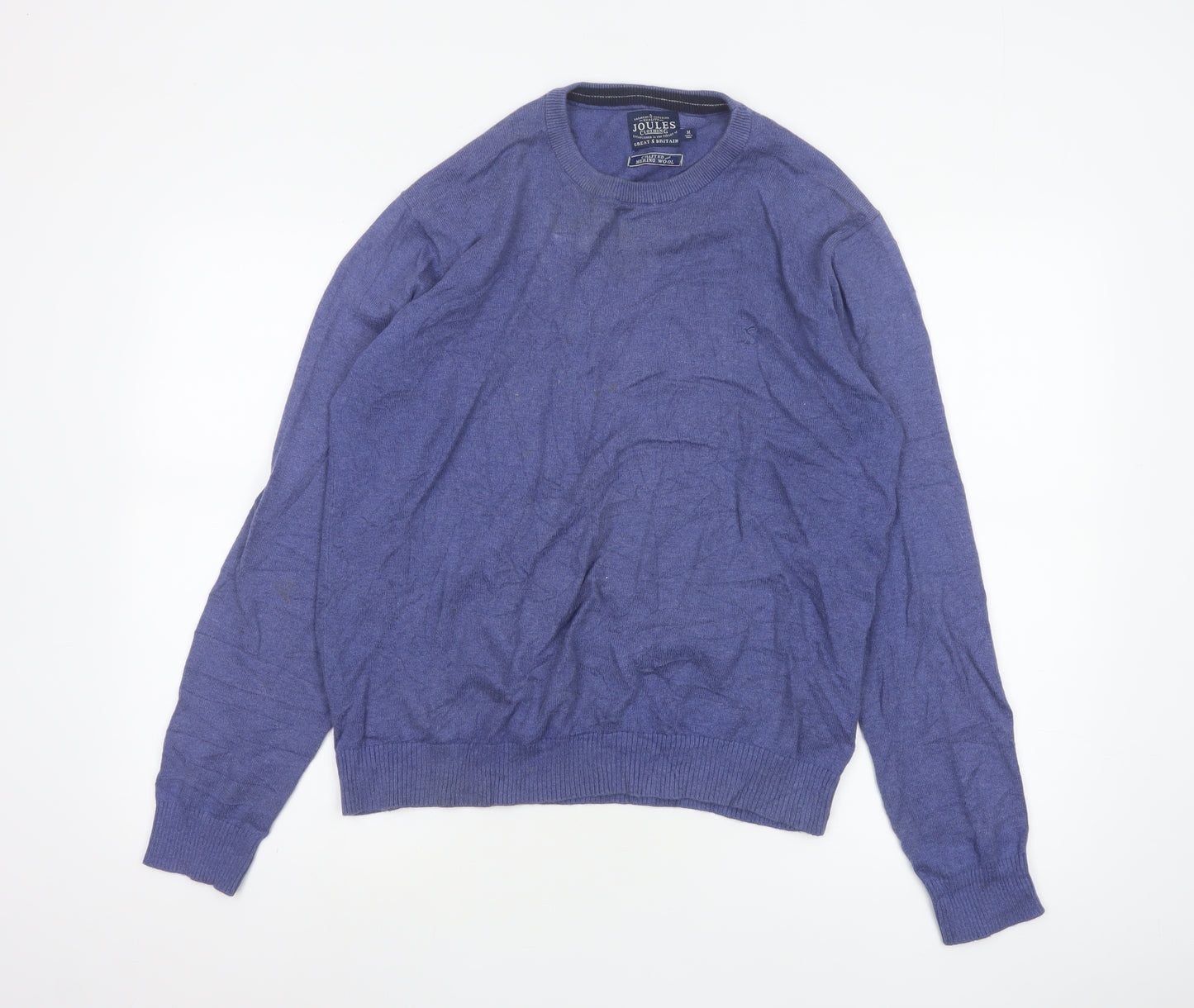 Joules Men Blue M Merino Wool Cotton Crew Neck Logo Pullover Jumper