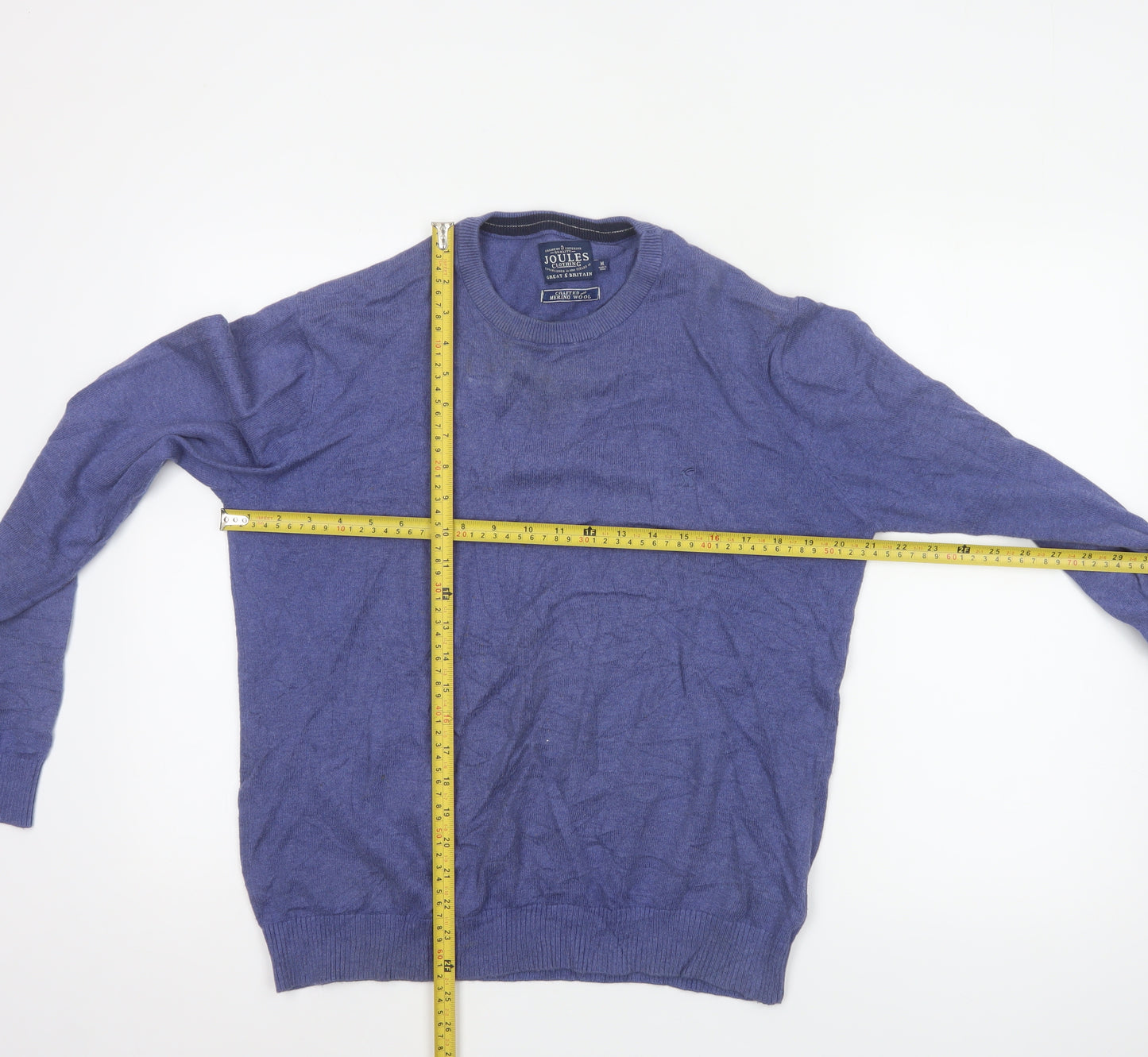 Joules Men Blue M Merino Wool Cotton Crew Neck Logo Pullover Jumper