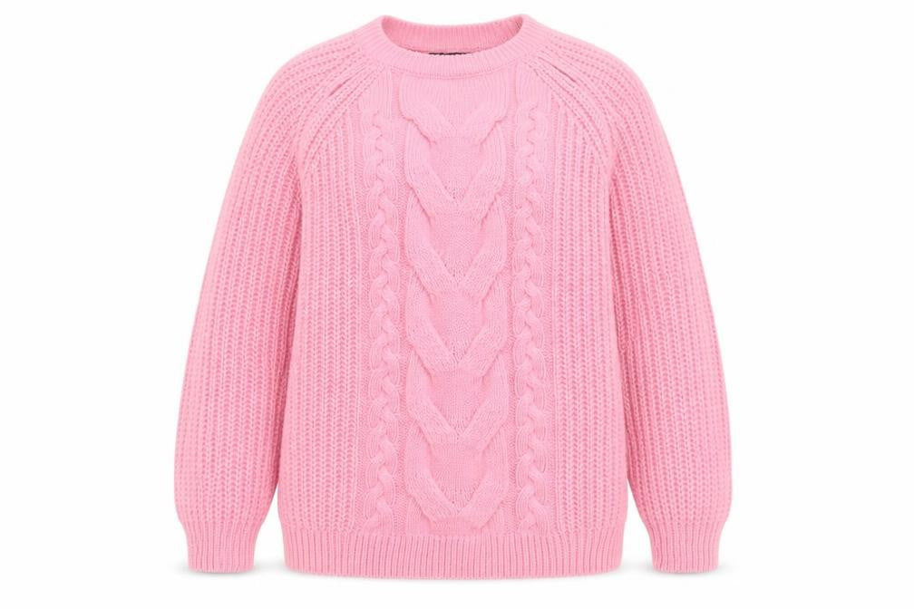 Front view of Yours unisex adults pink 14 plus cable knit crew neck jumper