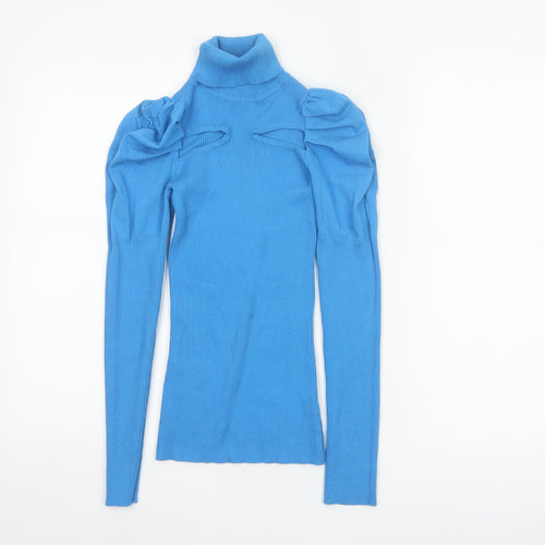 River Island Women Blue UK 8 Roll Neck Puff Sleeve Rib Knit Jumper