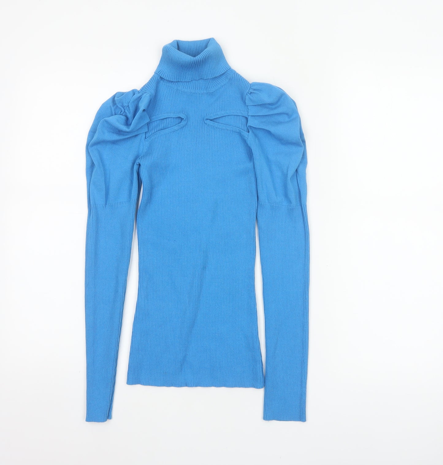 River Island Women Blue UK 8 Roll Neck Puff Sleeve Rib Knit Jumper