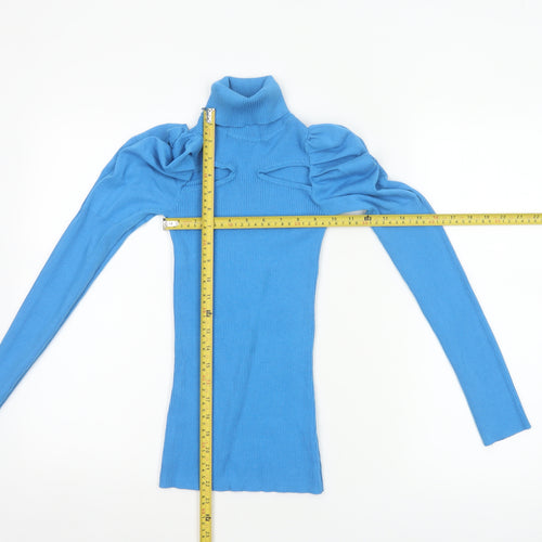 River Island Women Blue UK 8 Roll Neck Puff Sleeve Rib Knit Jumper