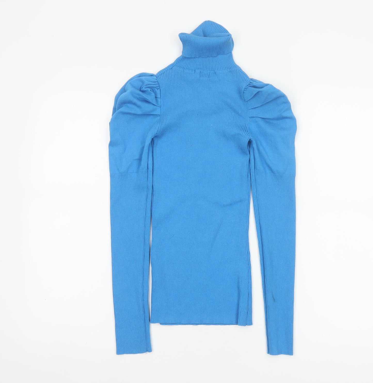 River Island Women Blue UK 8 Roll Neck Puff Sleeve Rib Knit Jumper