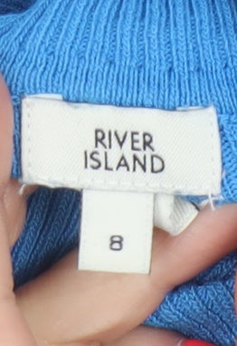 River Island Women Blue UK 8 Roll Neck Puff Sleeve Rib Knit Jumper