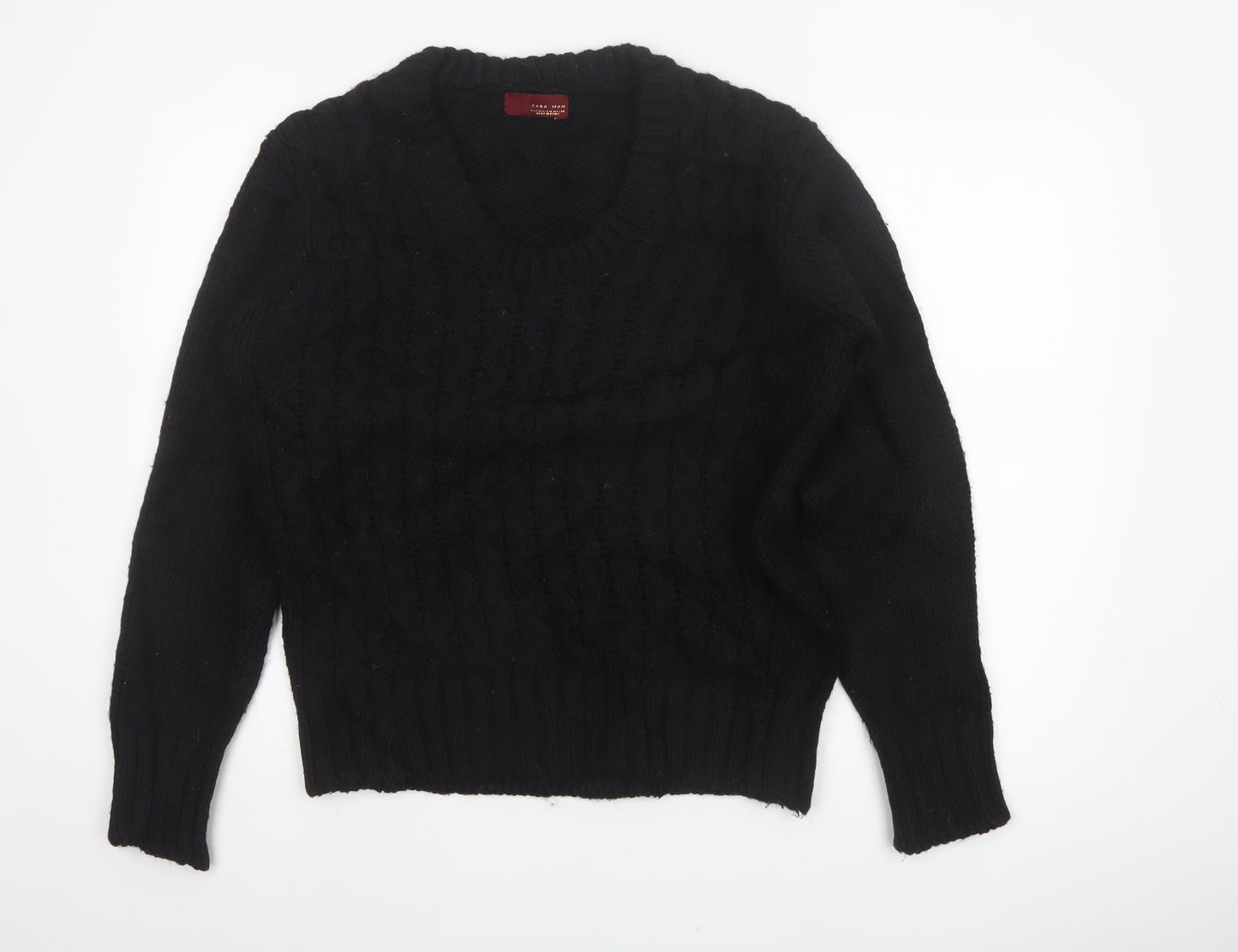 Zara Man Men's Black M Cable Knit V-Neck Wool Blend Jumper