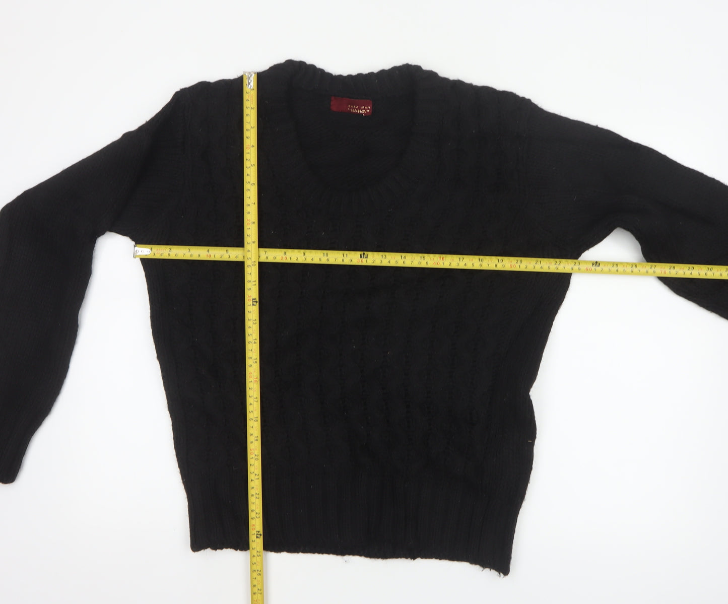 Zara Man Men's Black M Cable Knit V-Neck Wool Blend Jumper