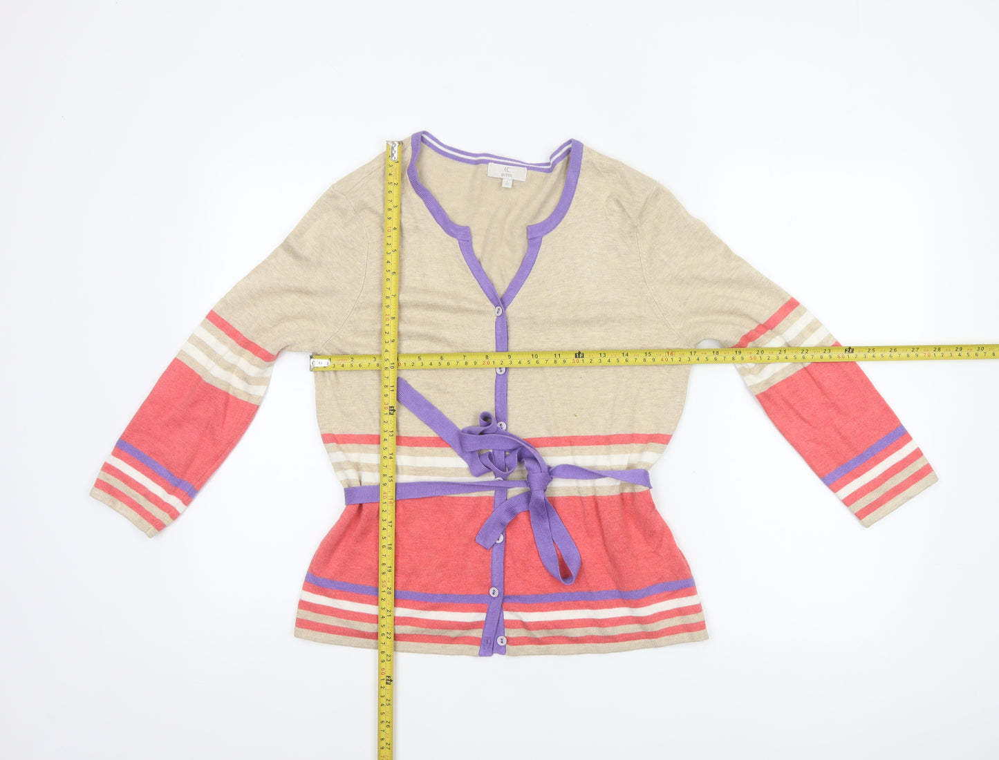 CC Petite Women’s Multicoloured M Striped V-Neck Belted Cardigan