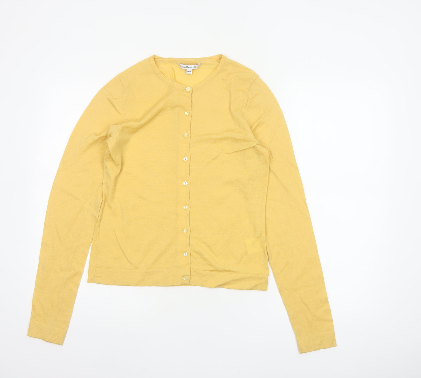 LK Bennett Women Yellow Wool Cardigan Size L Crew Neck Button Knit