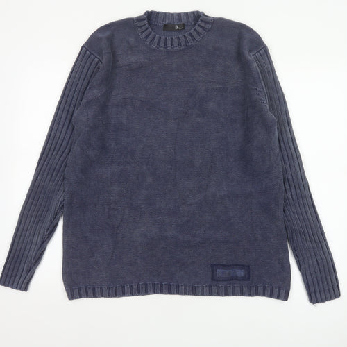 Bhs Men’s Blue Cotton Crew Neck Pullover Jumper Medium Logo Knit