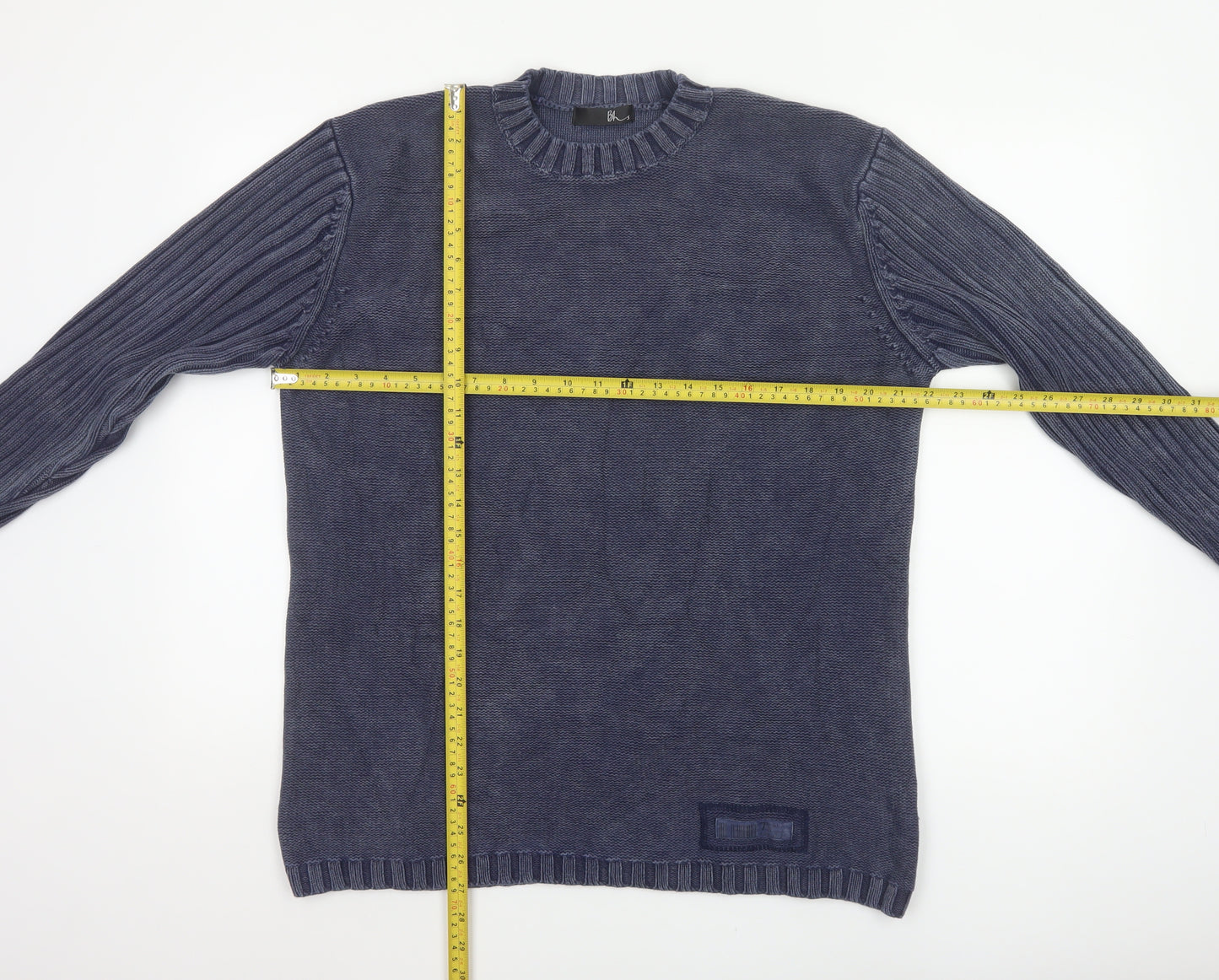 Bhs Men’s Blue Cotton Crew Neck Pullover Jumper Medium Logo Knit