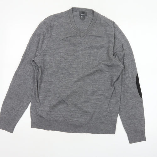 H&M Men Grey M Merino Wool V-Neck Pullover Jumper Elbow Patches