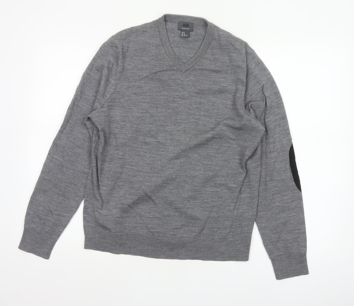 H&M Men Grey M Merino Wool V-Neck Pullover Jumper Elbow Patches