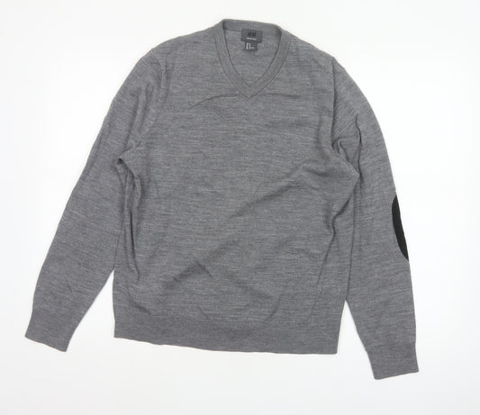 H&M Men Grey M Merino Wool V-Neck Pullover Jumper Elbow Patches