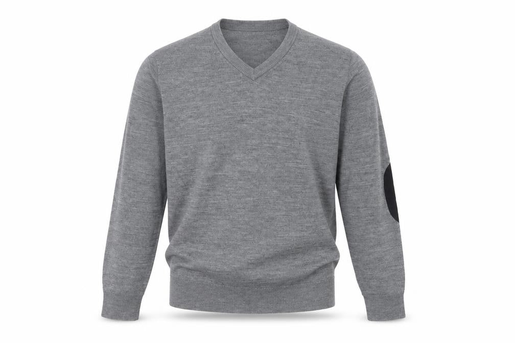 H&M Men Grey M Merino Wool V-Neck Pullover Jumper Elbow Patches