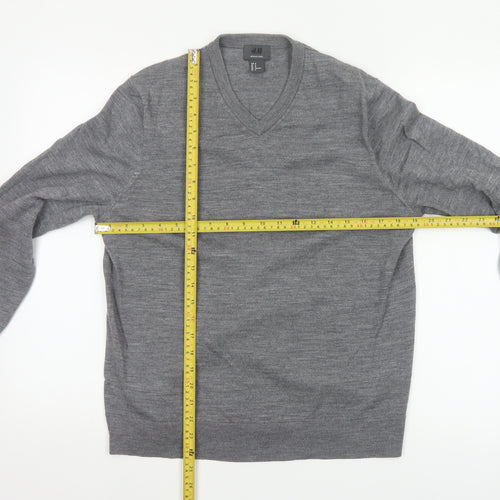 H&M Men Grey M Merino Wool V-Neck Pullover Jumper Elbow Patches