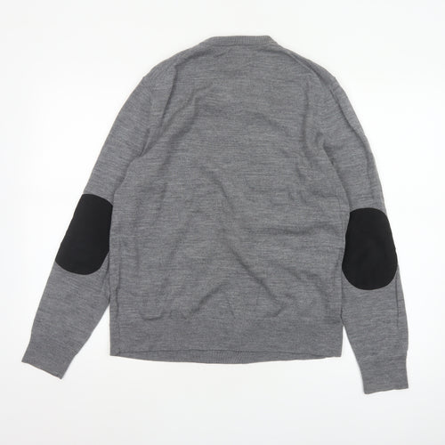 H&M Men Grey M Merino Wool V-Neck Pullover Jumper Elbow Patches