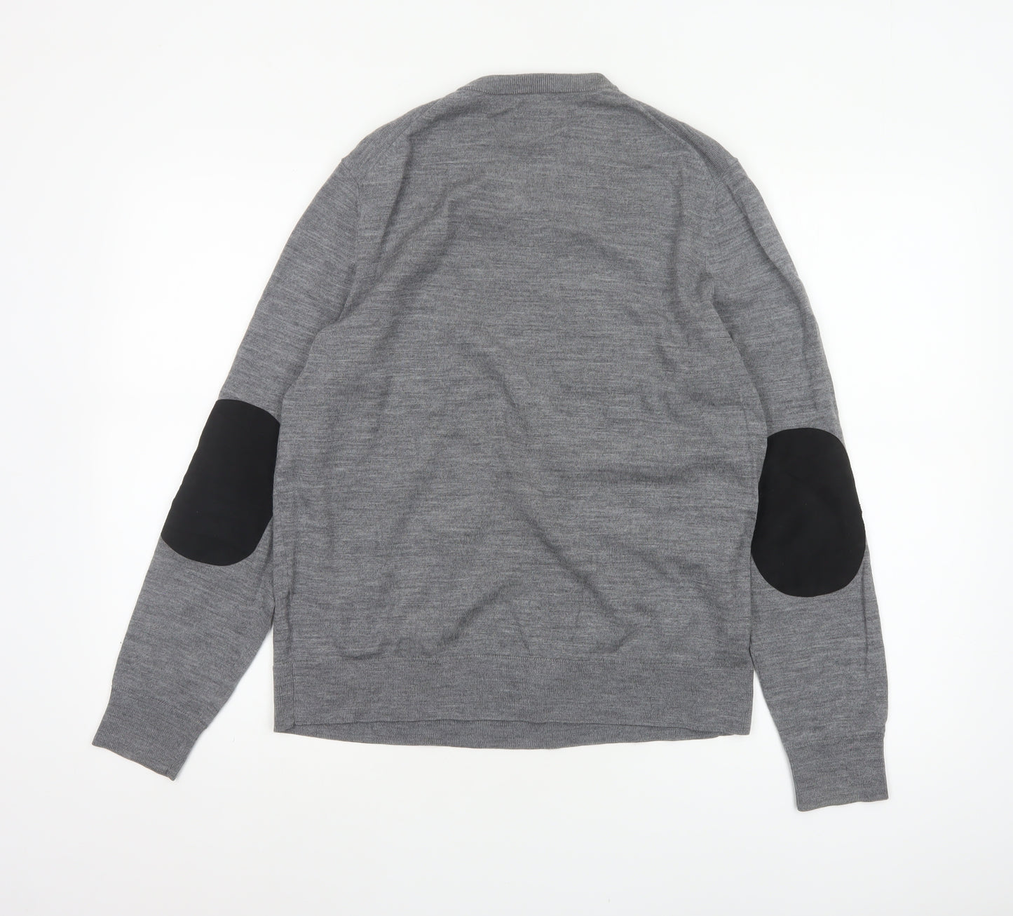 H&M Men Grey M Merino Wool V-Neck Pullover Jumper Elbow Patches
