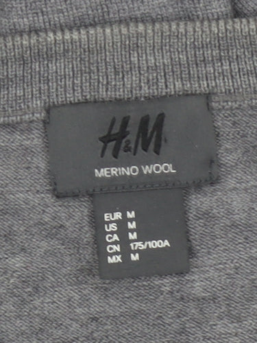 H&M Men Grey M Merino Wool V-Neck Pullover Jumper Elbow Patches