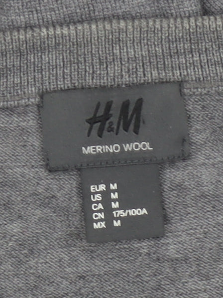 H&M Men Grey M Merino Wool V-Neck Pullover Jumper Elbow Patches