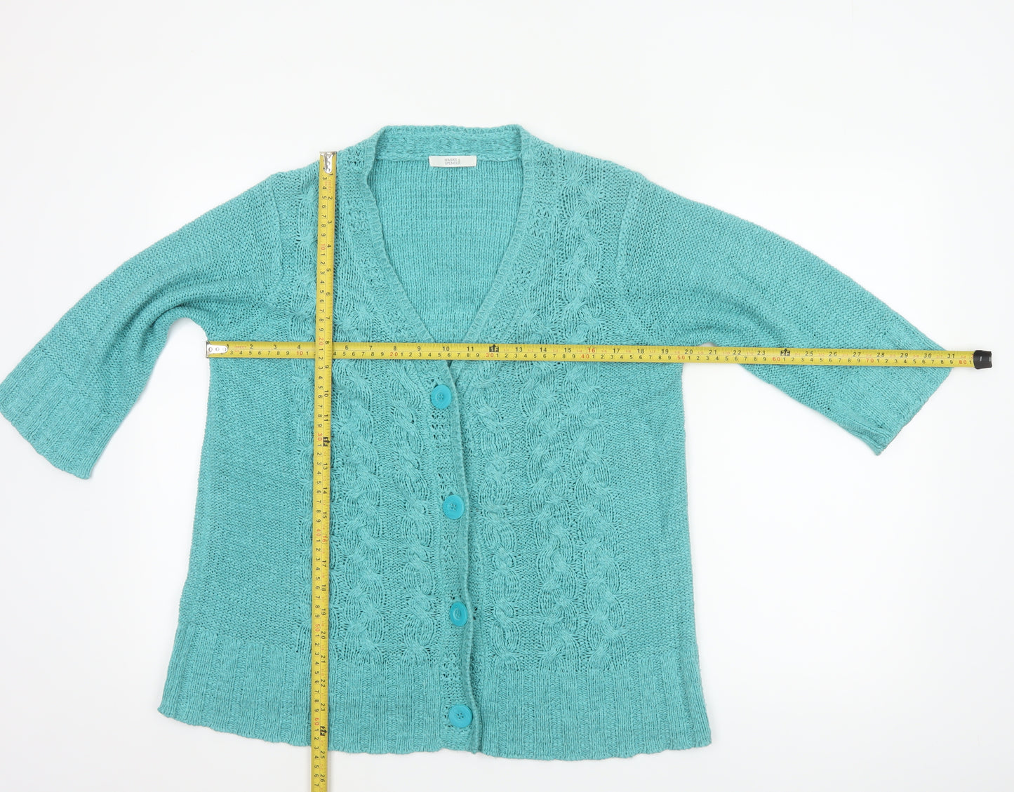 Marks & Spencer Women Blue UK 16 Cable Knit 3/4 Sleeve Cardigan