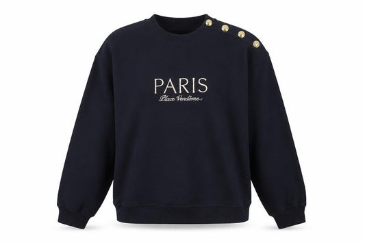 Front view of H&M Women’s Blue M Paris Gold Button Pullover Sweatshirt