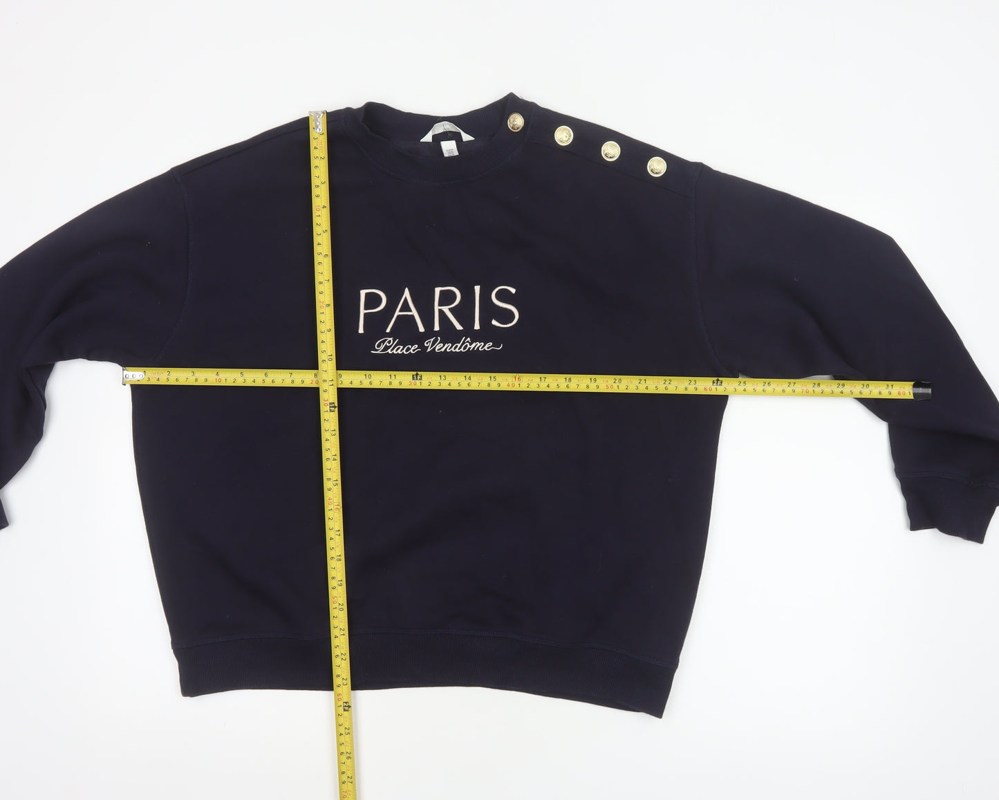 H&M Women’s Blue M Paris Gold Button Pullover Sweatshirt