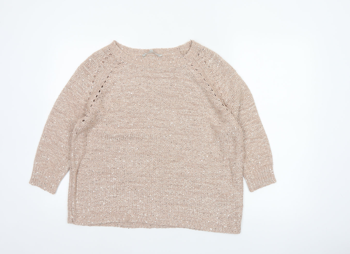 Pebble Bay Women’s Beige M Sequin Open-Knit 3/4 Sleeve Jumper