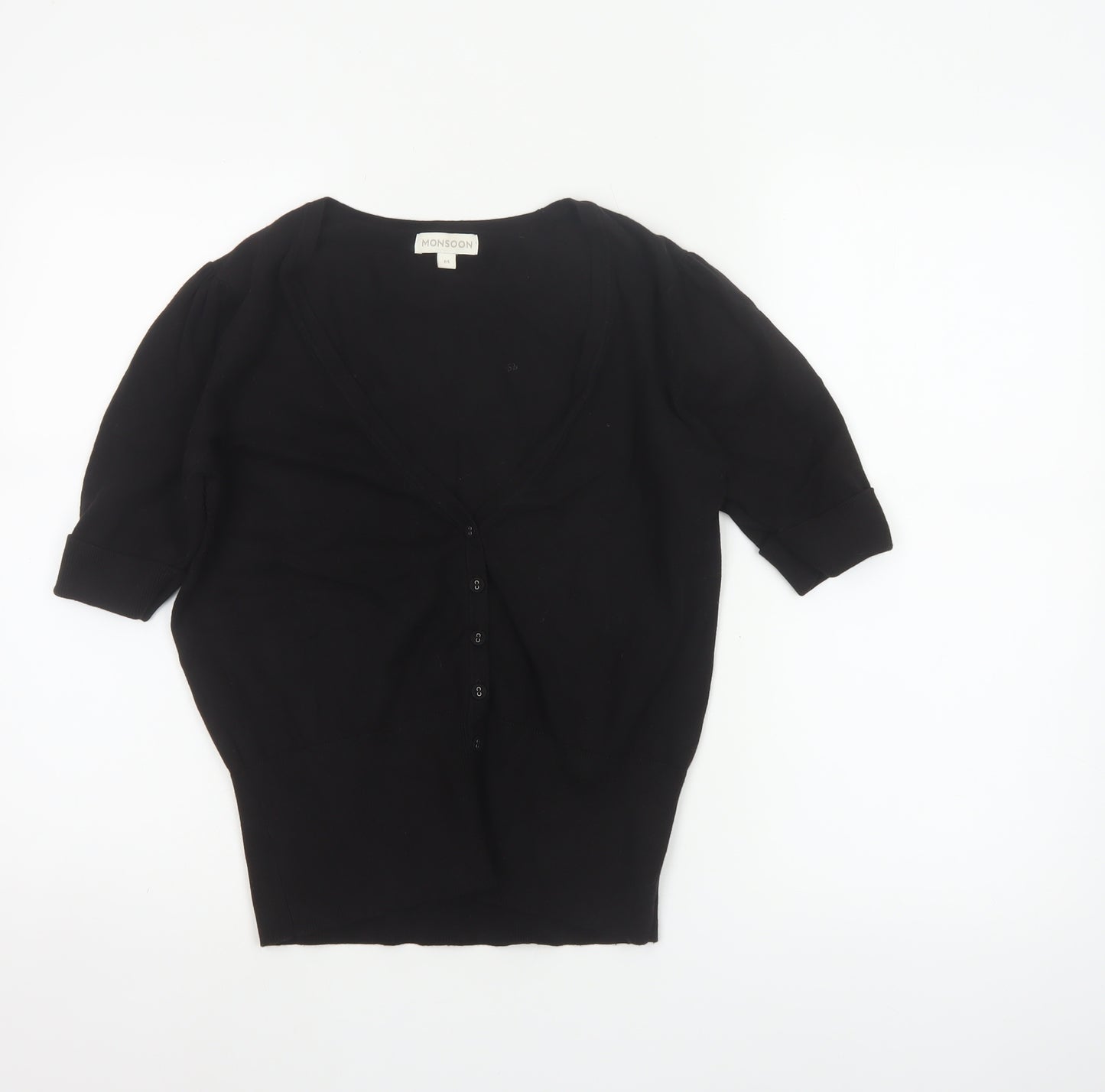 Monsoon Women Black M V-Neck 3/4 Sleeve Button Knit Cardigan