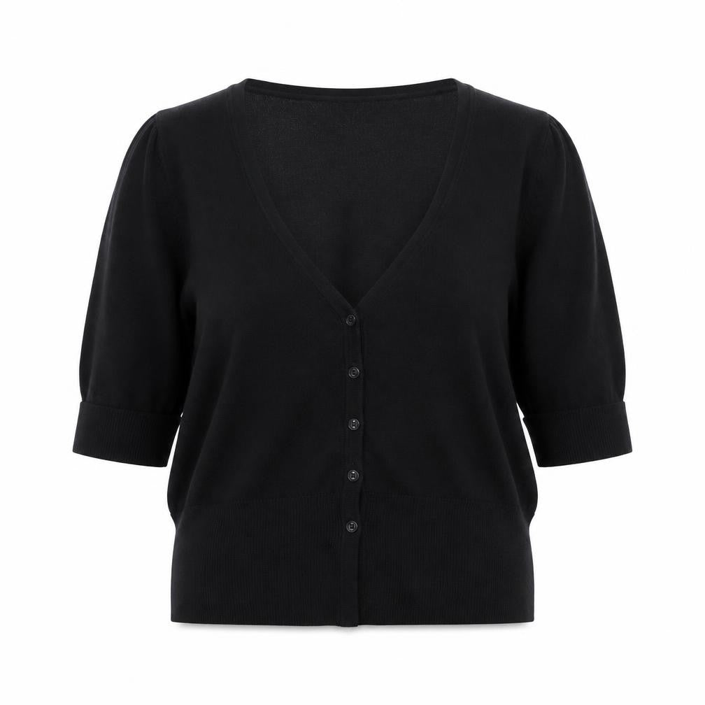 Monsoon Women Black M V-Neck 3/4 Sleeve Button Knit Cardigan