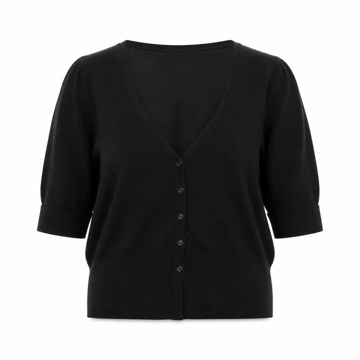 Monsoon Women Black M V-Neck 3/4 Sleeve Button Knit Cardigan