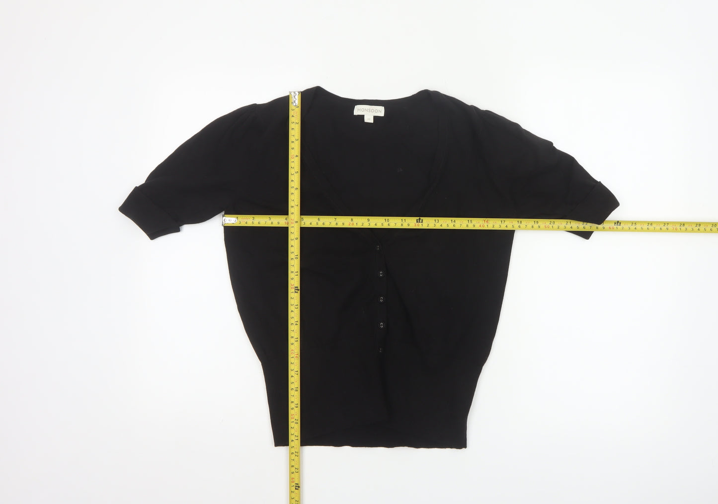 Monsoon Women Black M V-Neck 3/4 Sleeve Button Knit Cardigan