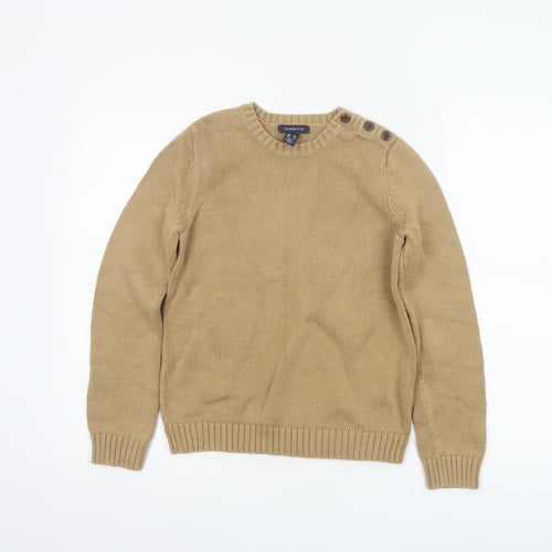 Lands' End Women Beige XS Cotton Crew Neck Button Shoulder Jumper