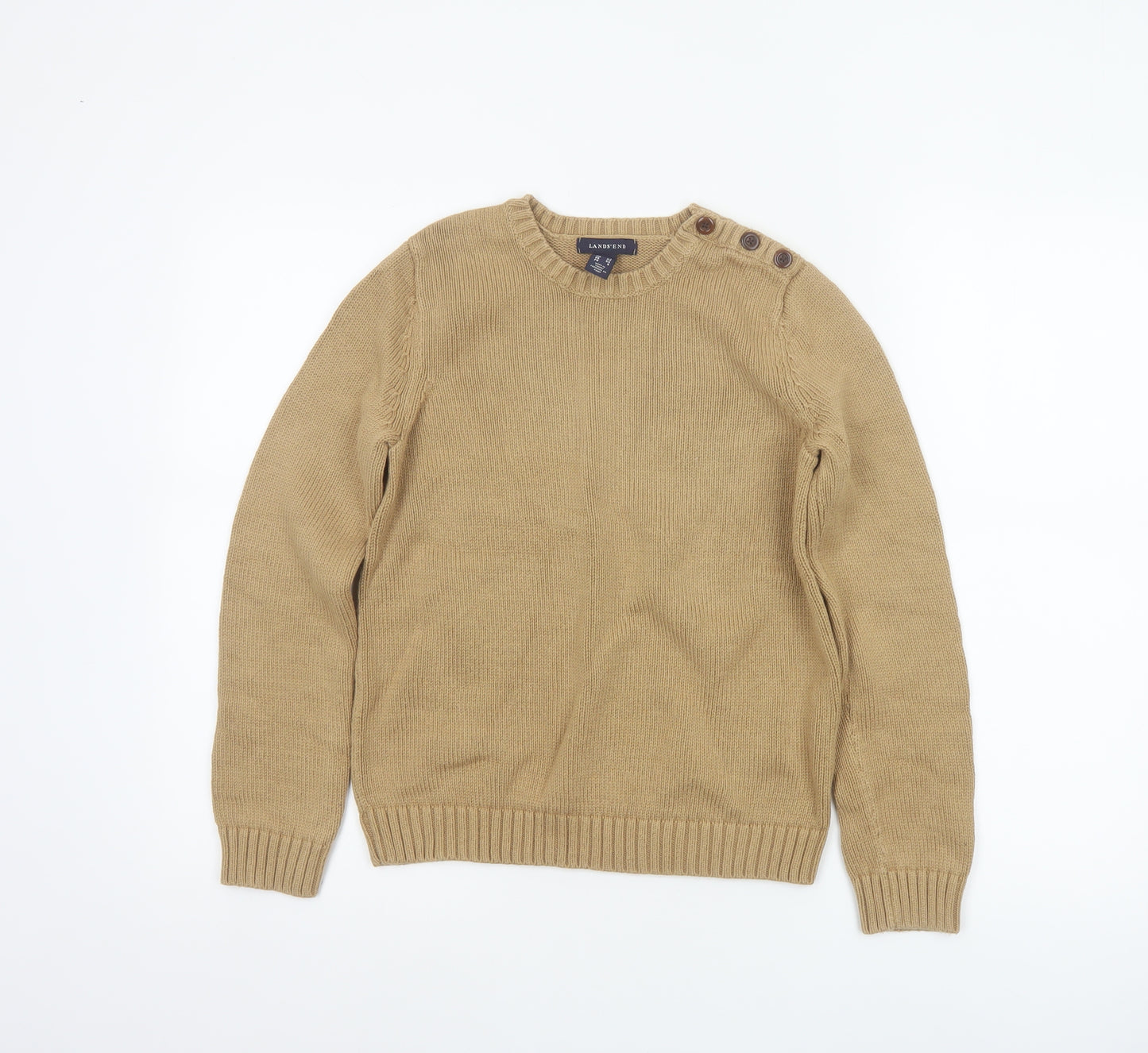 Lands' End Women Beige XS Cotton Crew Neck Button Shoulder Jumper