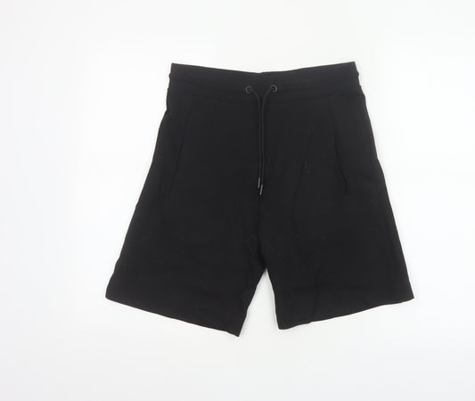 Zara Women Black S Bermuda Drawstring Jersey Shorts Pockets