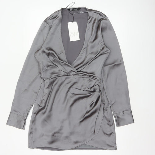 Zara Women Grey M Satin Wrap Mini Dress Long Sleeve V-Neck Party