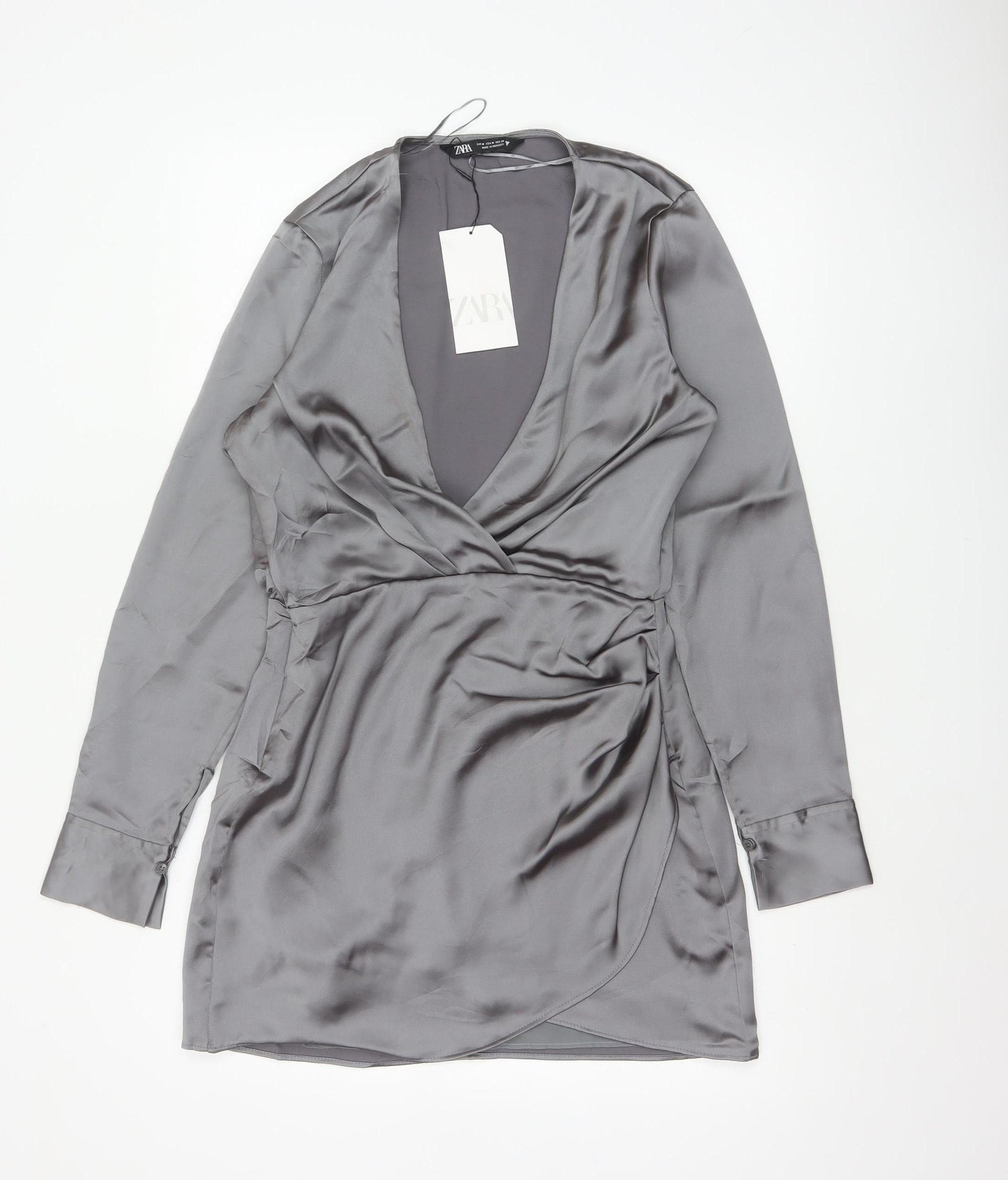 Zara Women Grey M Satin Wrap Mini Dress Long Sleeve V-Neck Party