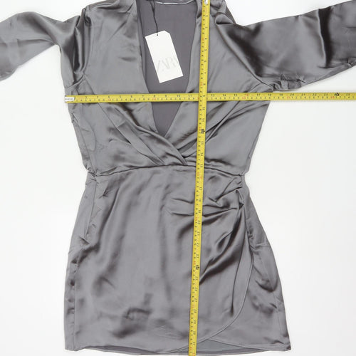 Zara Women Grey M Satin Wrap Mini Dress Long Sleeve V-Neck Party