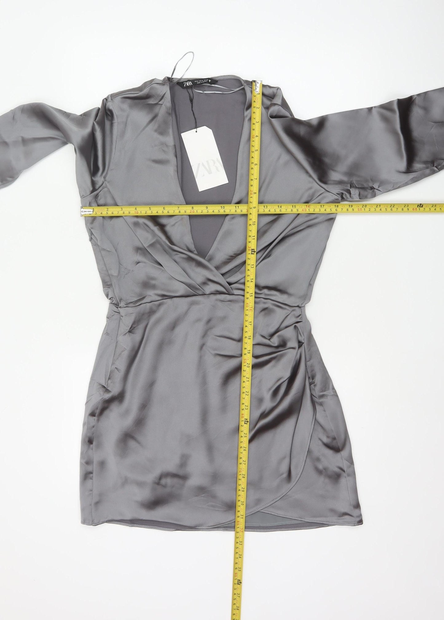 Zara Women Grey M Satin Wrap Mini Dress Long Sleeve V-Neck Party