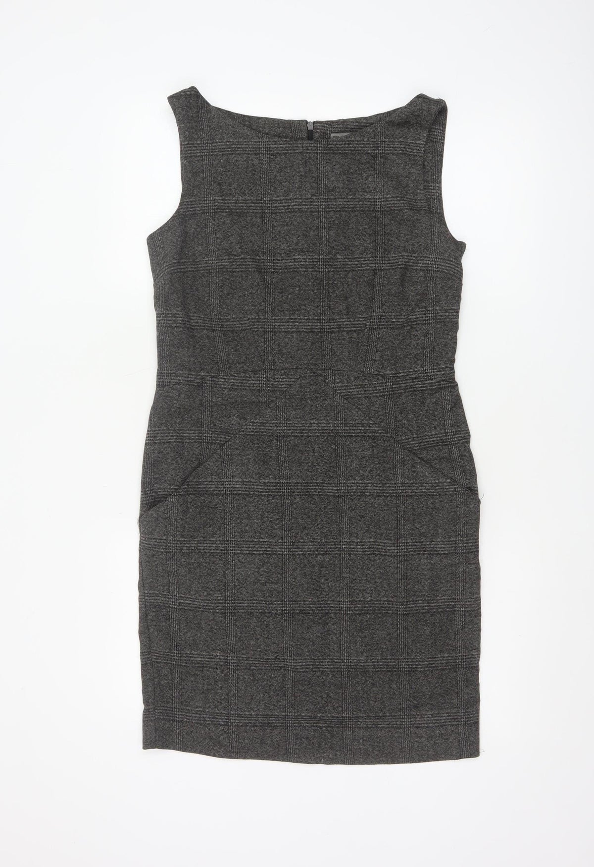 Back view of Zara Basic Women Grey M Sheath Knee Length Check Sleeveless Work Dress