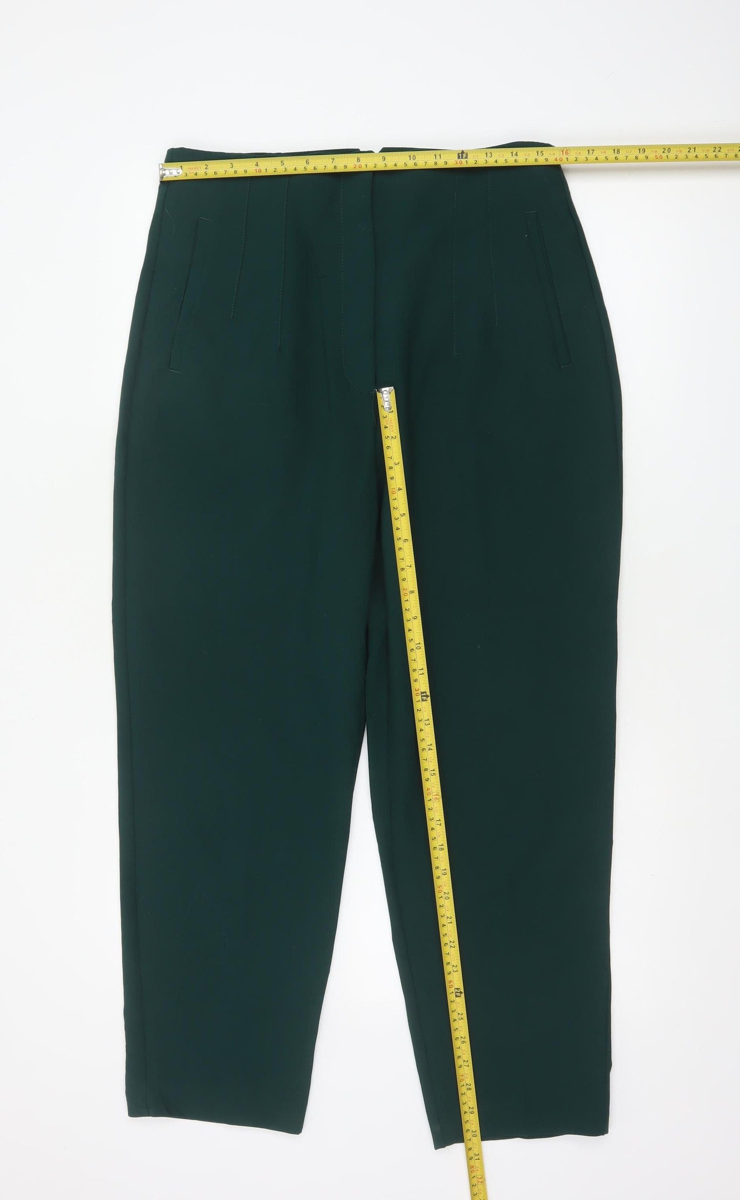 Zara Women Green XL High Rise Tapered Tailored Trousers Pockets