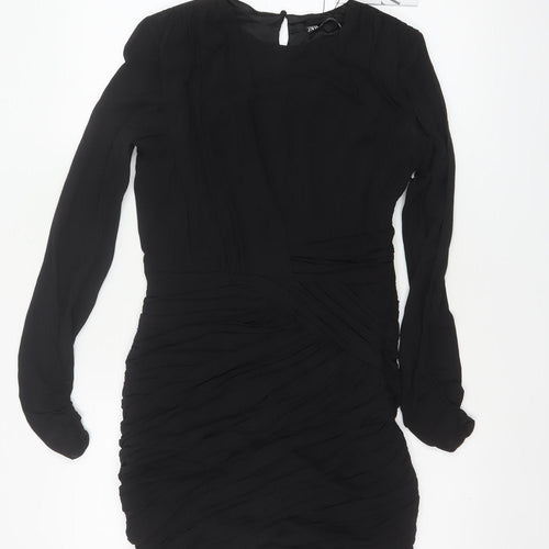 Zara Women Black S Ruched Bodycon Mini Dress Balloon Sleeves