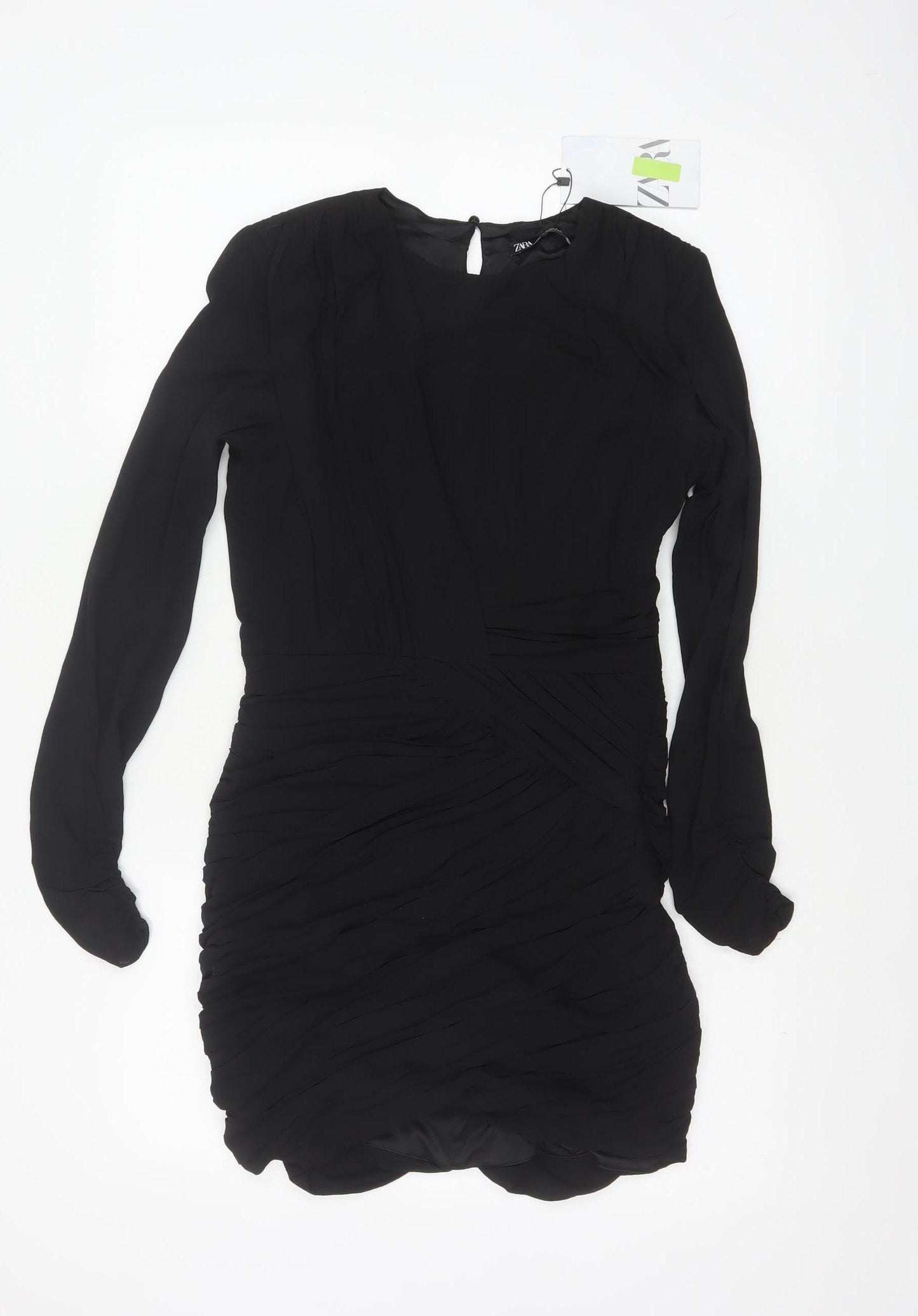 Zara Women Black S Ruched Bodycon Mini Dress Balloon Sleeves